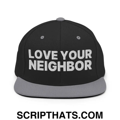 Love Your Neighbor Snapback Hat Black Silver