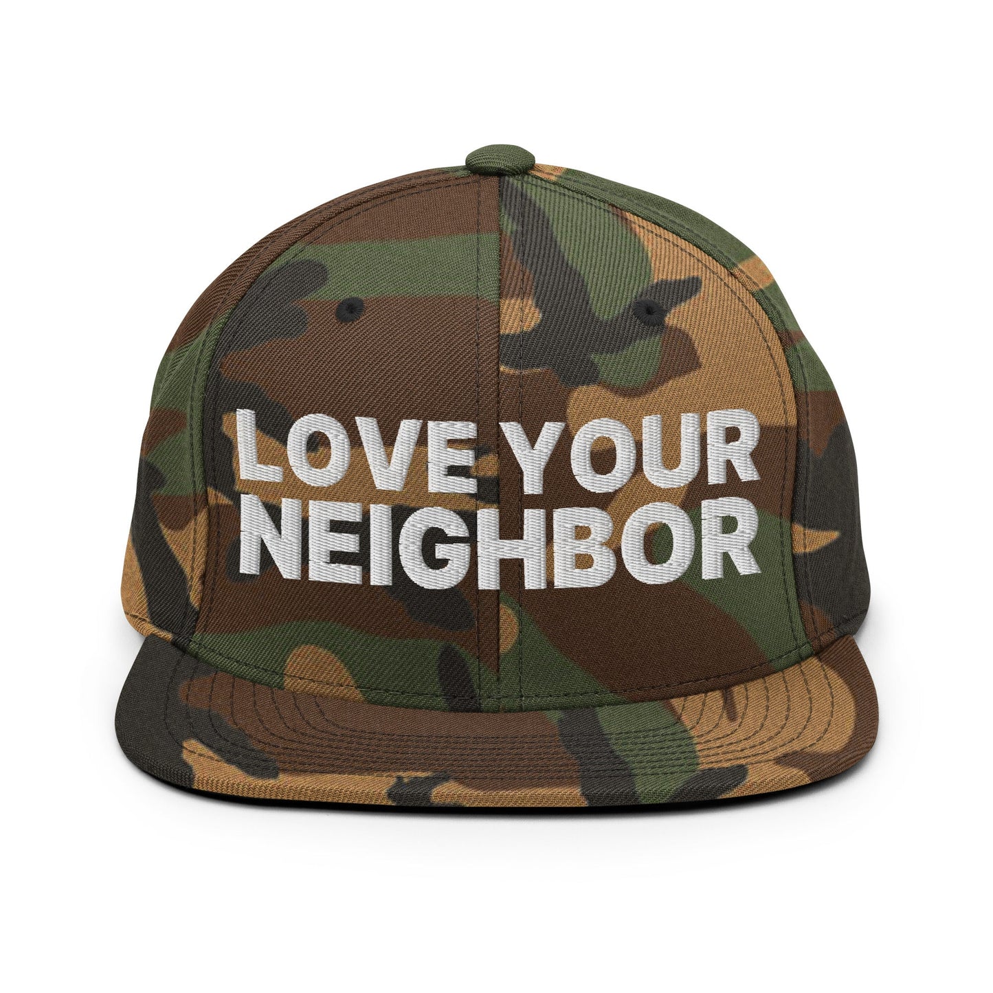 Love Your Neighbor Snapback Hat Green Camo