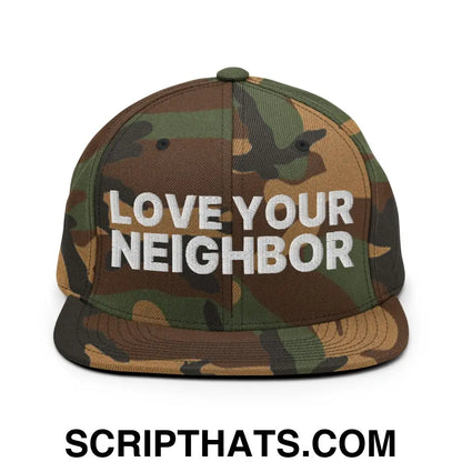 Love Your Neighbor Snapback Hat Green Camo