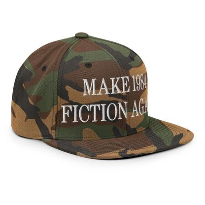 Make 1984 Fiction Again Embroidered Flat Bill Brim Snapback Hat Green Camo