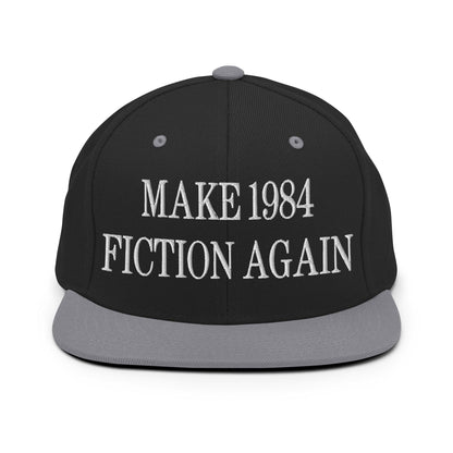 Make 1984 Fiction Again Embroidered Flat Bill Brim Snapback Hat Black Silver