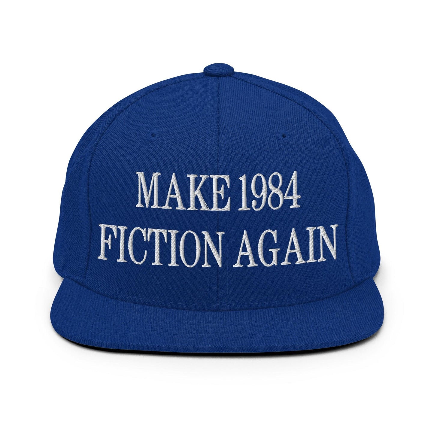 Make 1984 Fiction Again Embroidered Flat Bill Brim Snapback Hat Royal Blue