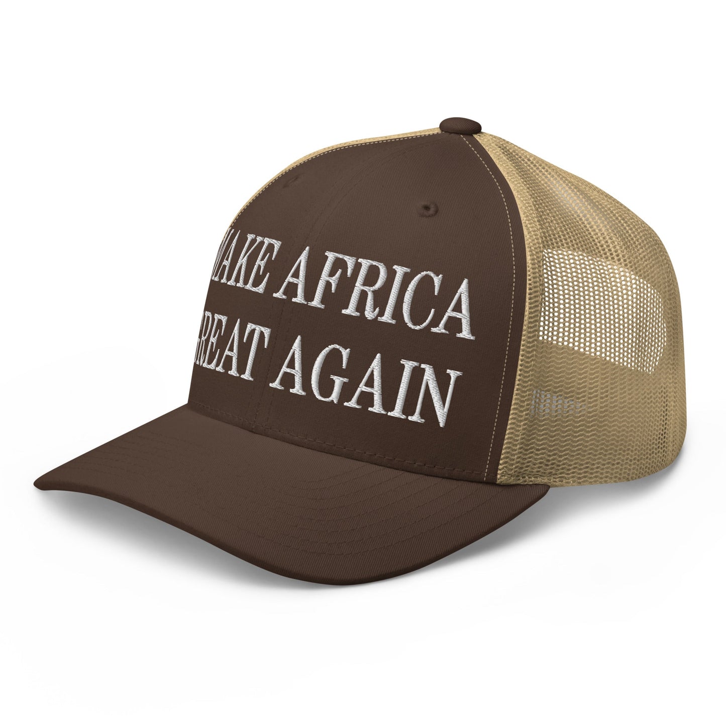 Make Africa Great Again Embroidered Mesh Trucker Hat Brown Khaki