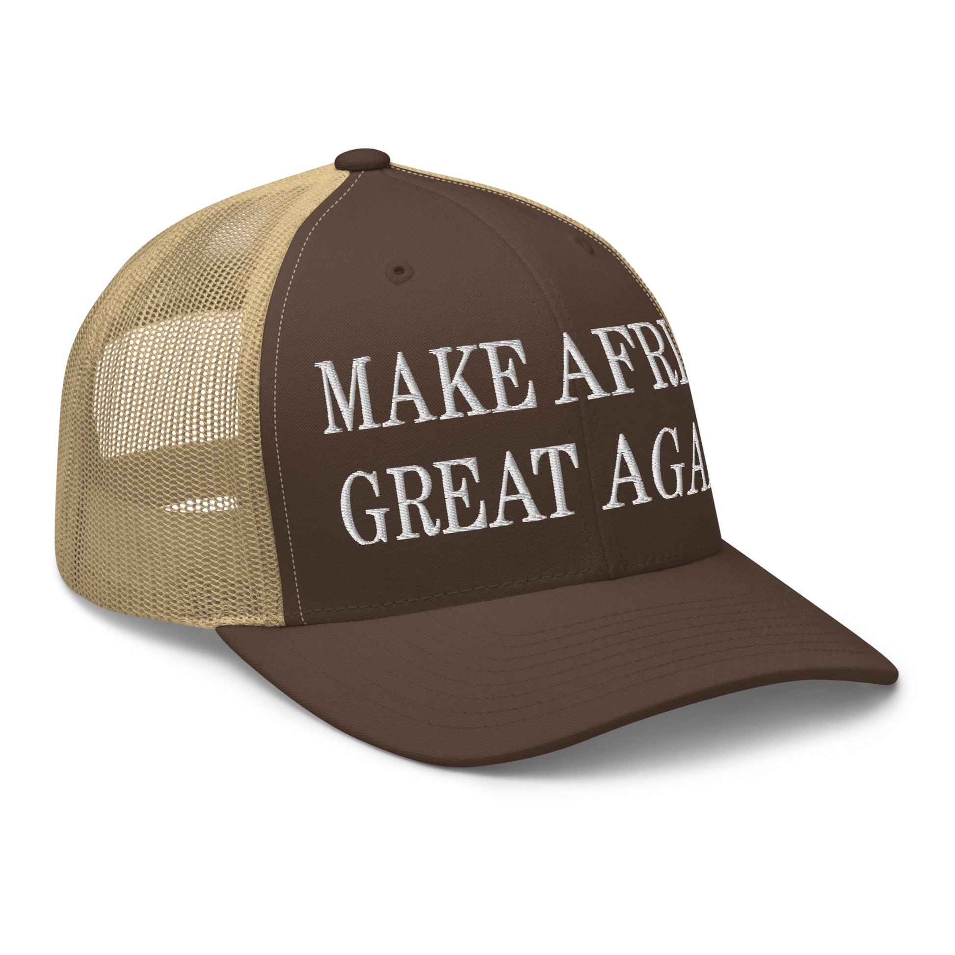 Make Africa Great Again Embroidered Mesh Trucker Hat Brown Khaki