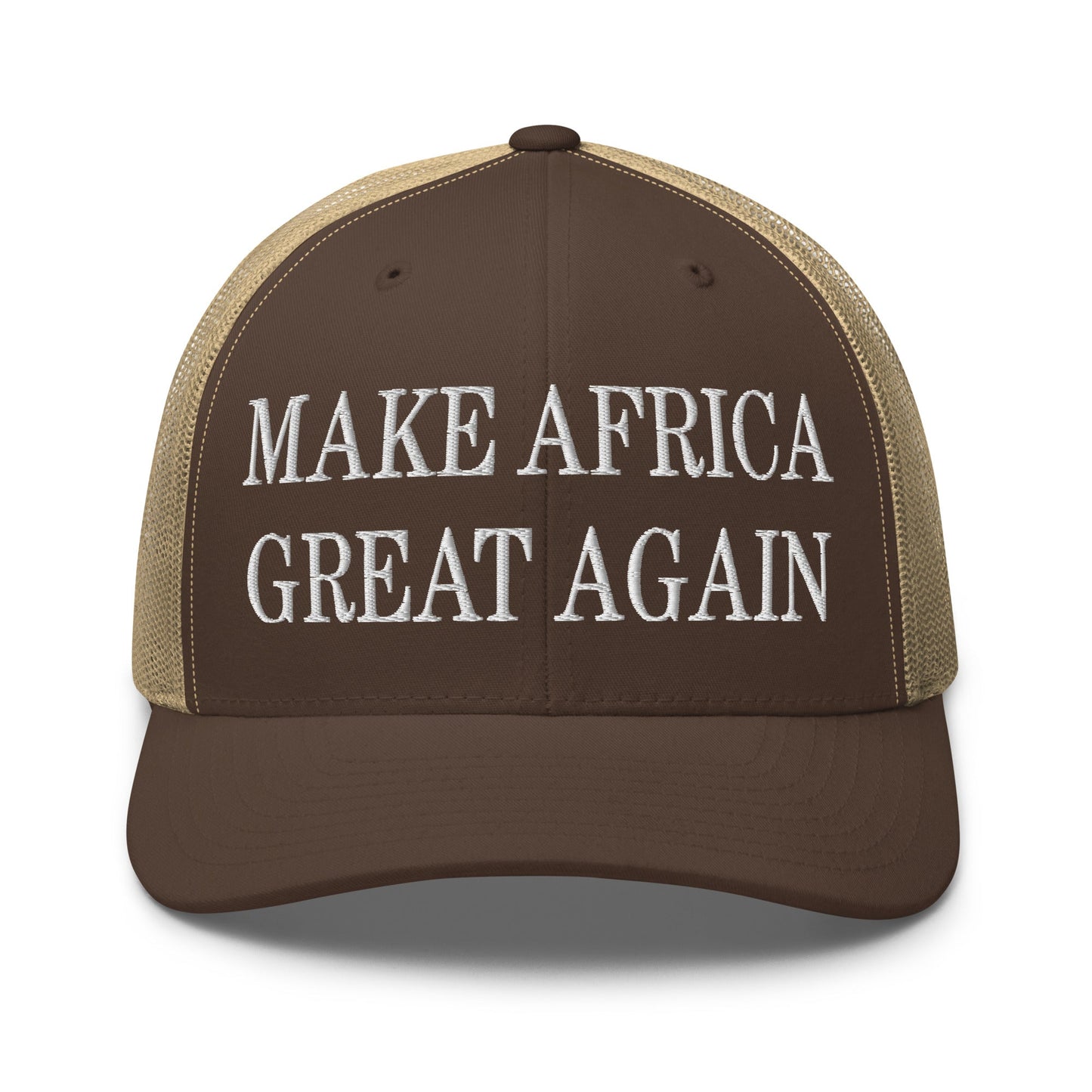 Make Africa Great Again Embroidered Mesh Trucker Hat Brown Khaki