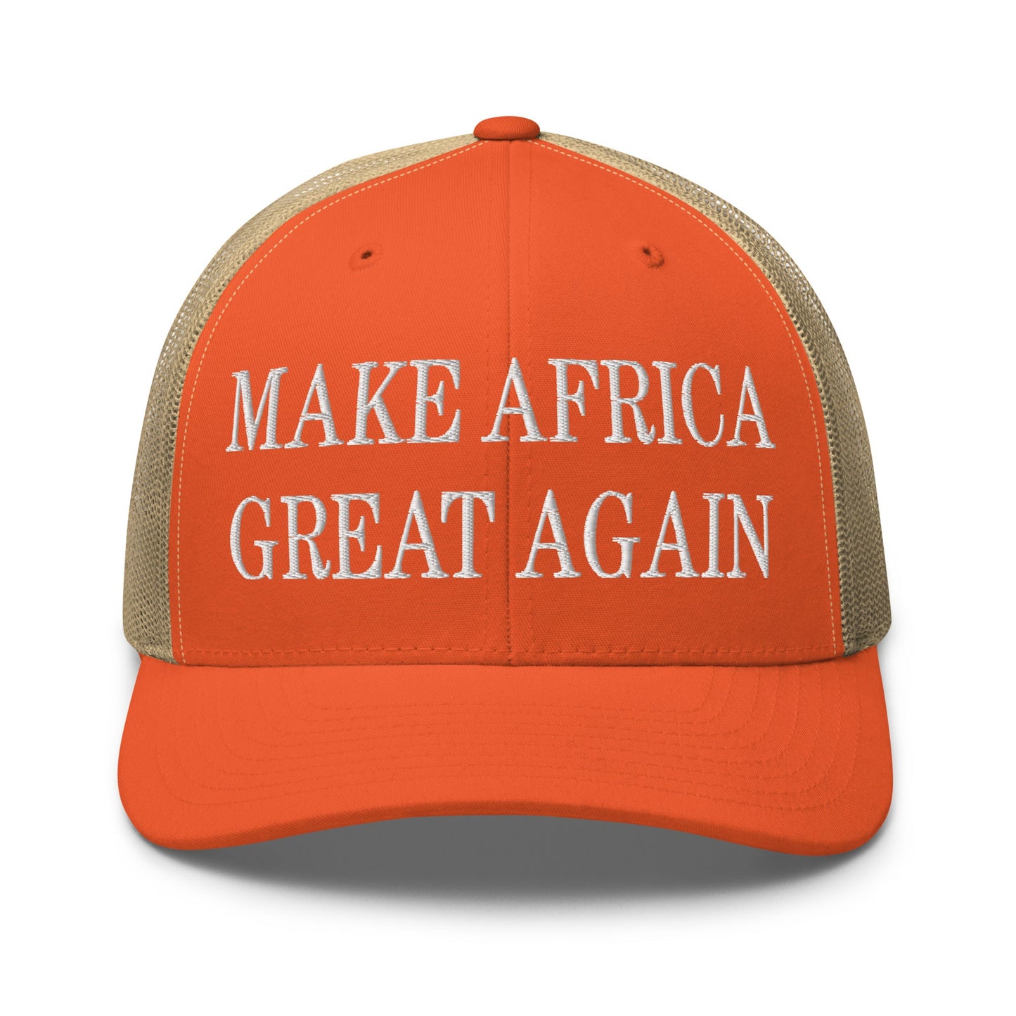 Make Africa Great Again Embroidered Mesh Trucker Hat Rustic Orange Khaki