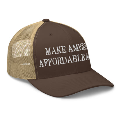 Make America Affordable Again Embroidered Mesh Trucker Hat Brown Khaki