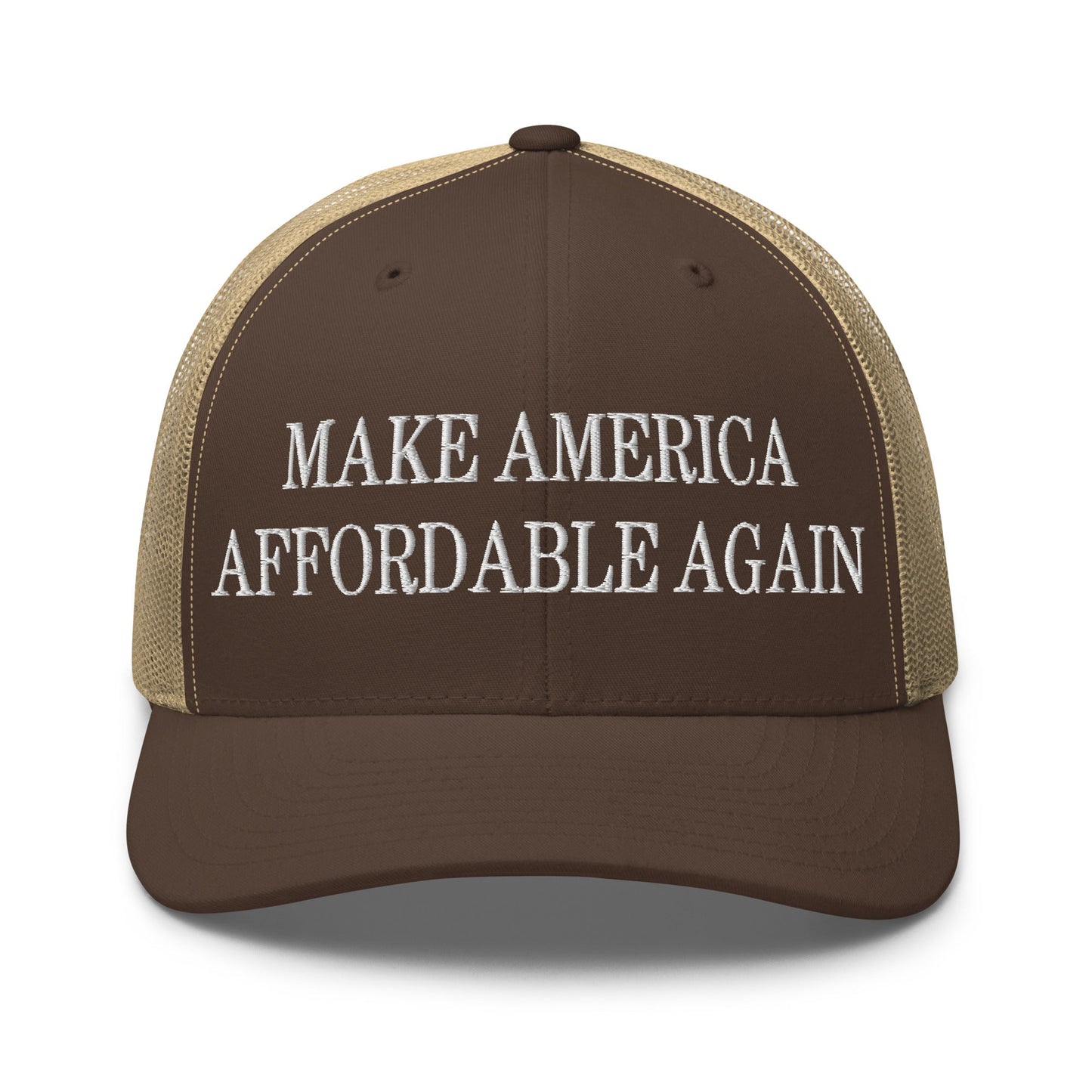 Make America Affordable Again Embroidered Mesh Trucker Hat Brown Khaki