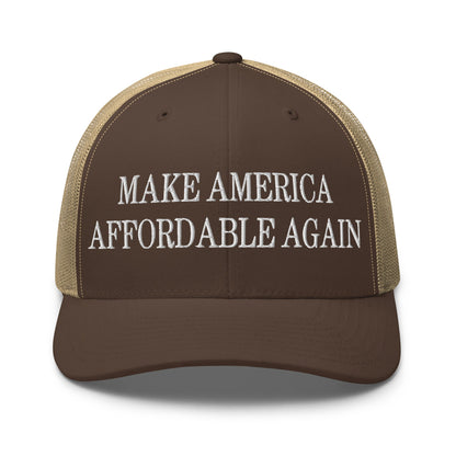 Make America Affordable Again Embroidered Mesh Trucker Hat Brown Khaki