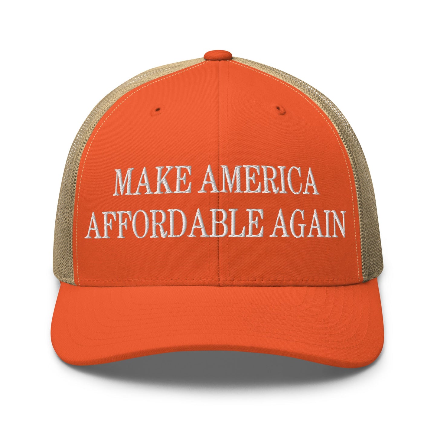 Make America Affordable Again Embroidered Mesh Trucker Hat Rustic Orange Khaki