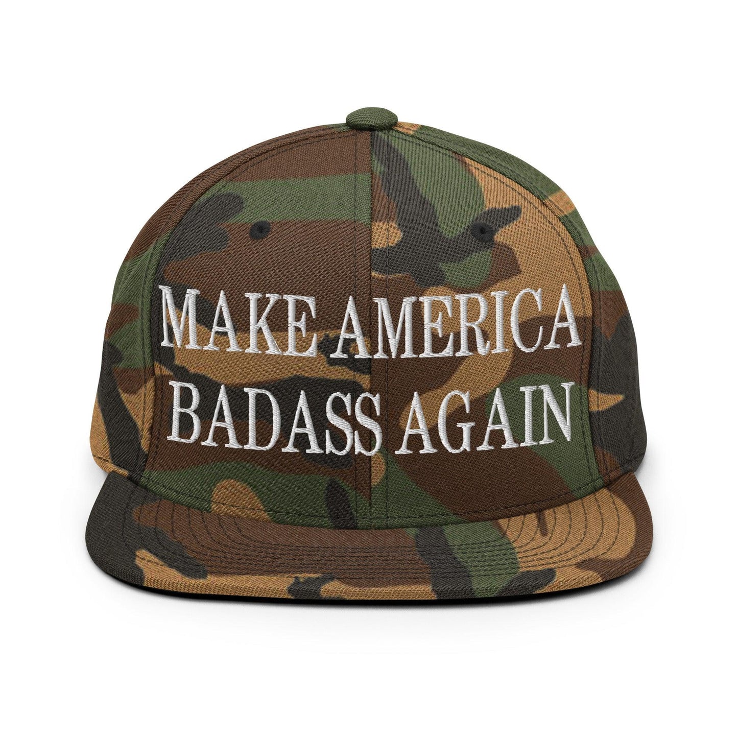 Make America Badass Again Embroidered Flat Bill Brim Snapback Hat Green Camo