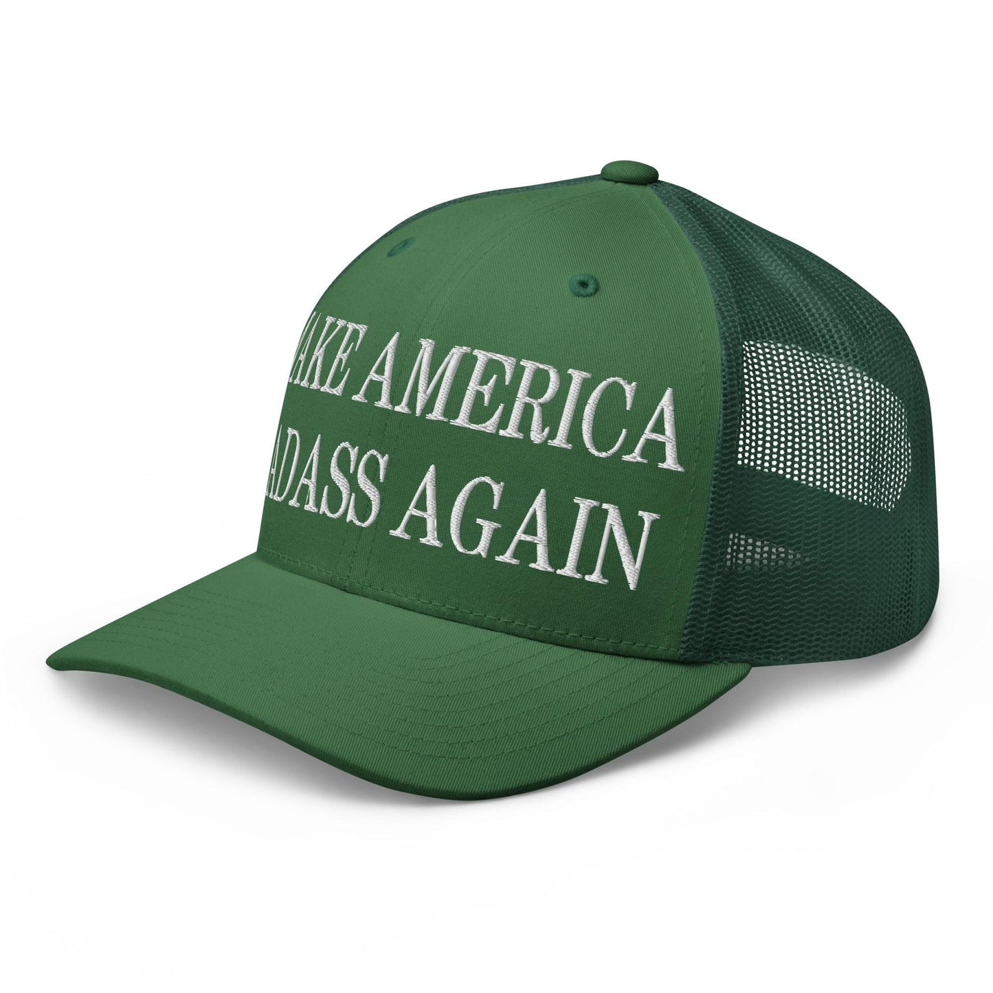 Make America Badass Again Embroidered Mesh Trucker Hat Evergreen