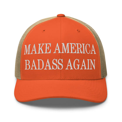 Make America Badass Again Embroidered Mesh Trucker Hat Rustic Orange Khaki