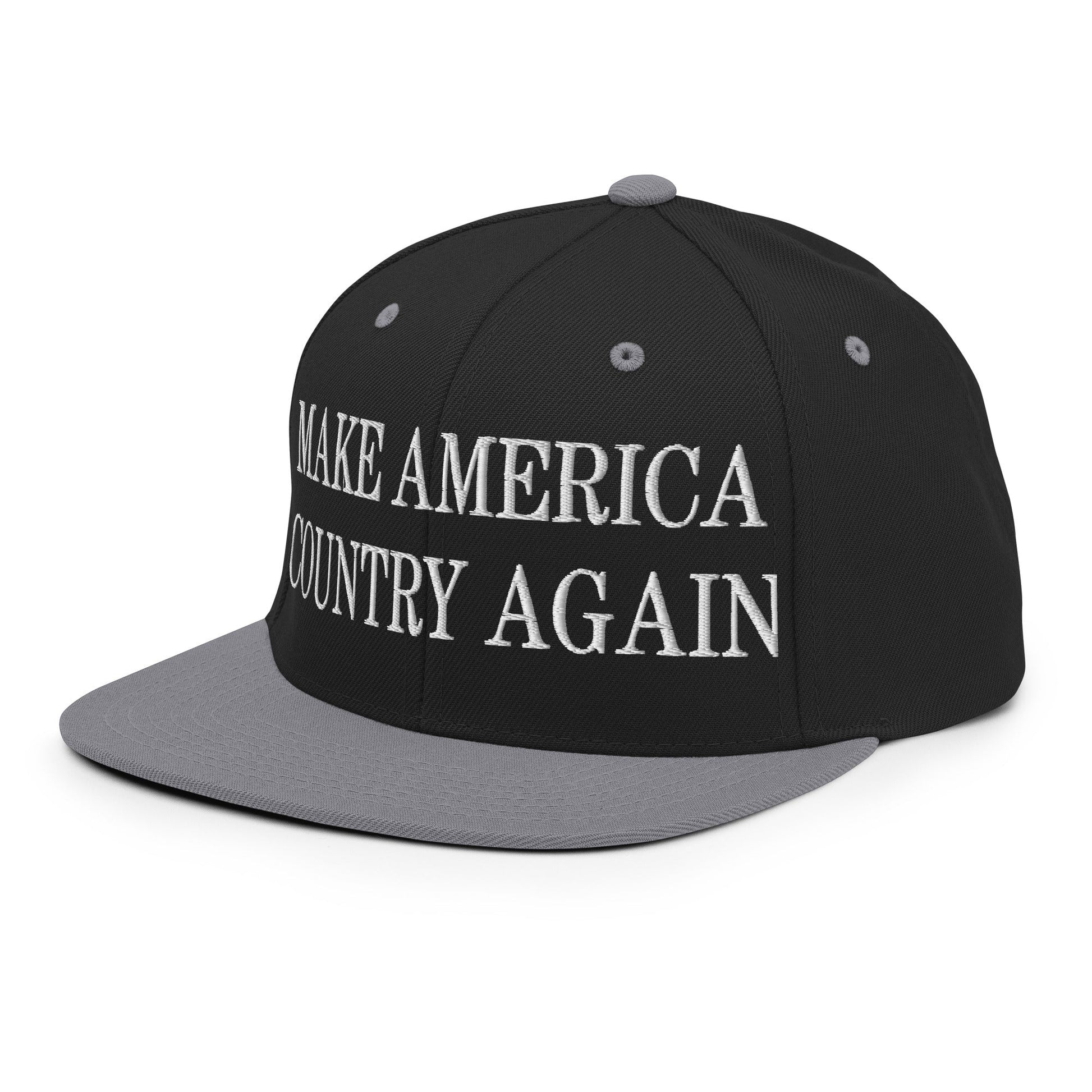 Make America Country Again Embroidered Flat Bill Brim Snapback Hat Black Silver