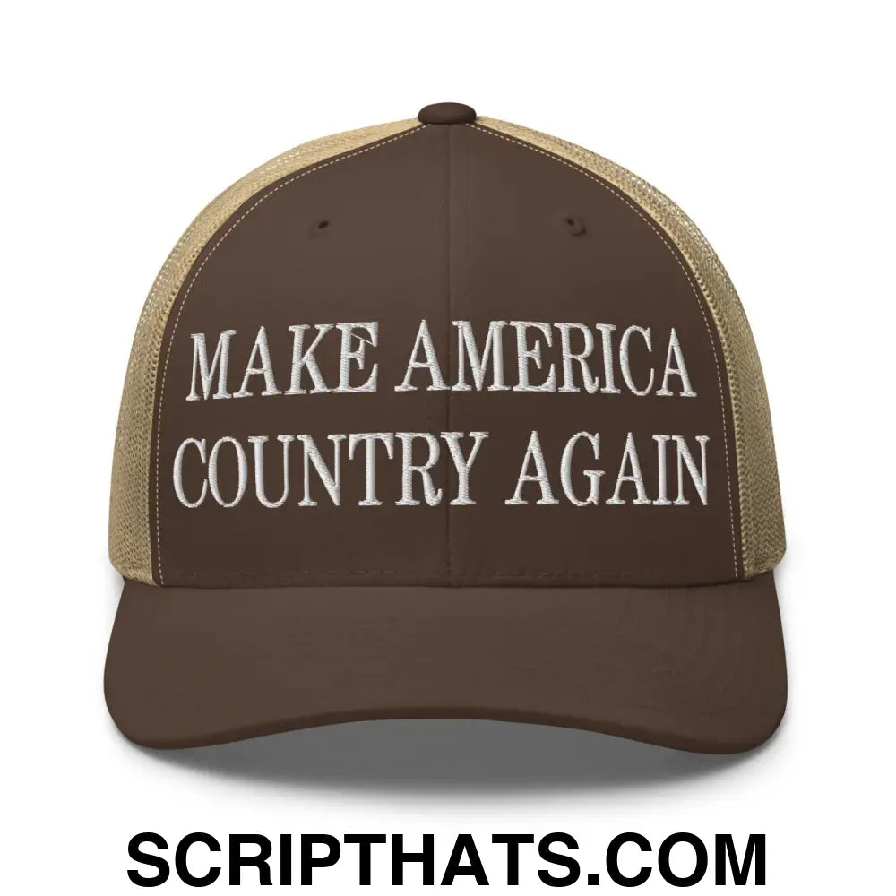 Make America Country Again Embroidered Mesh Trucker Hat Brown Khaki