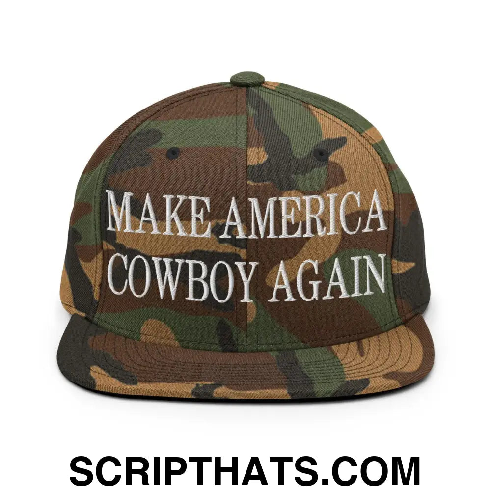 Make America Cowboy Again Embroidered Flat Bill Brim Snapback Hat Green Camo