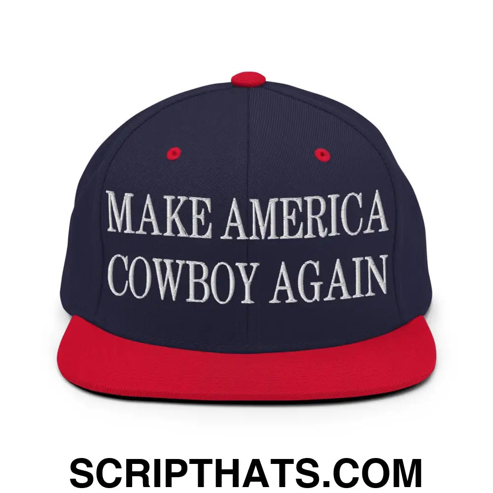 Make America Cowboy Again Embroidered Flat Bill Brim Snapback Hat Navy Red