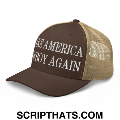 Make America Cowboy Again Embroidered Mesh Trucker Hat Brown Khaki