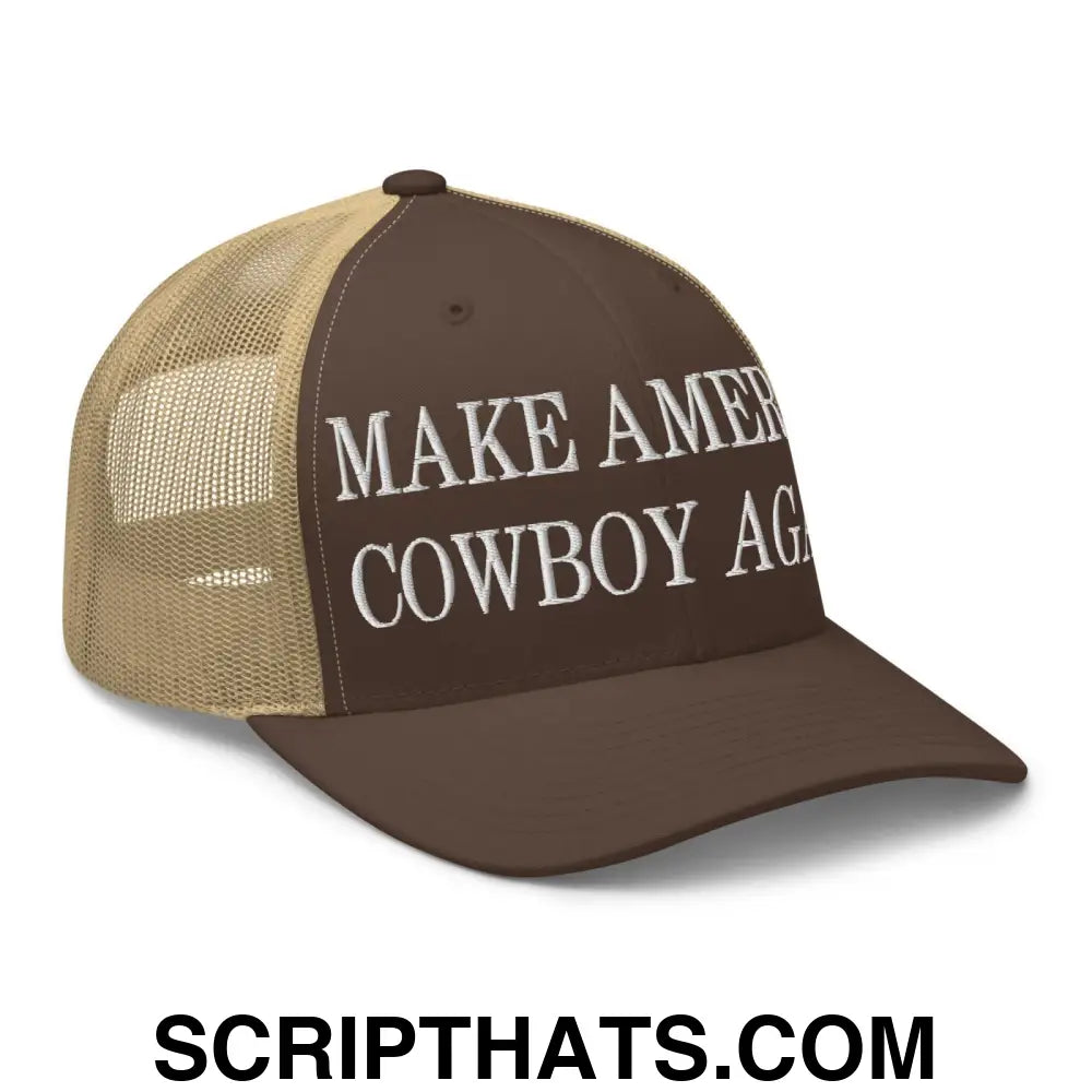 Make America Cowboy Again Embroidered Mesh Trucker Hat Brown Khaki