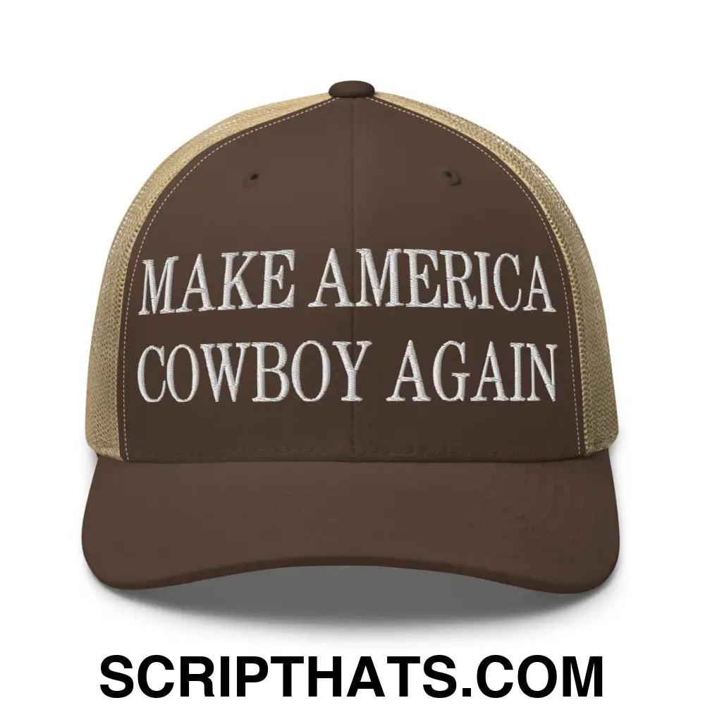 Make America Cowboy Again Embroidered Mesh Trucker Hat Brown Khaki