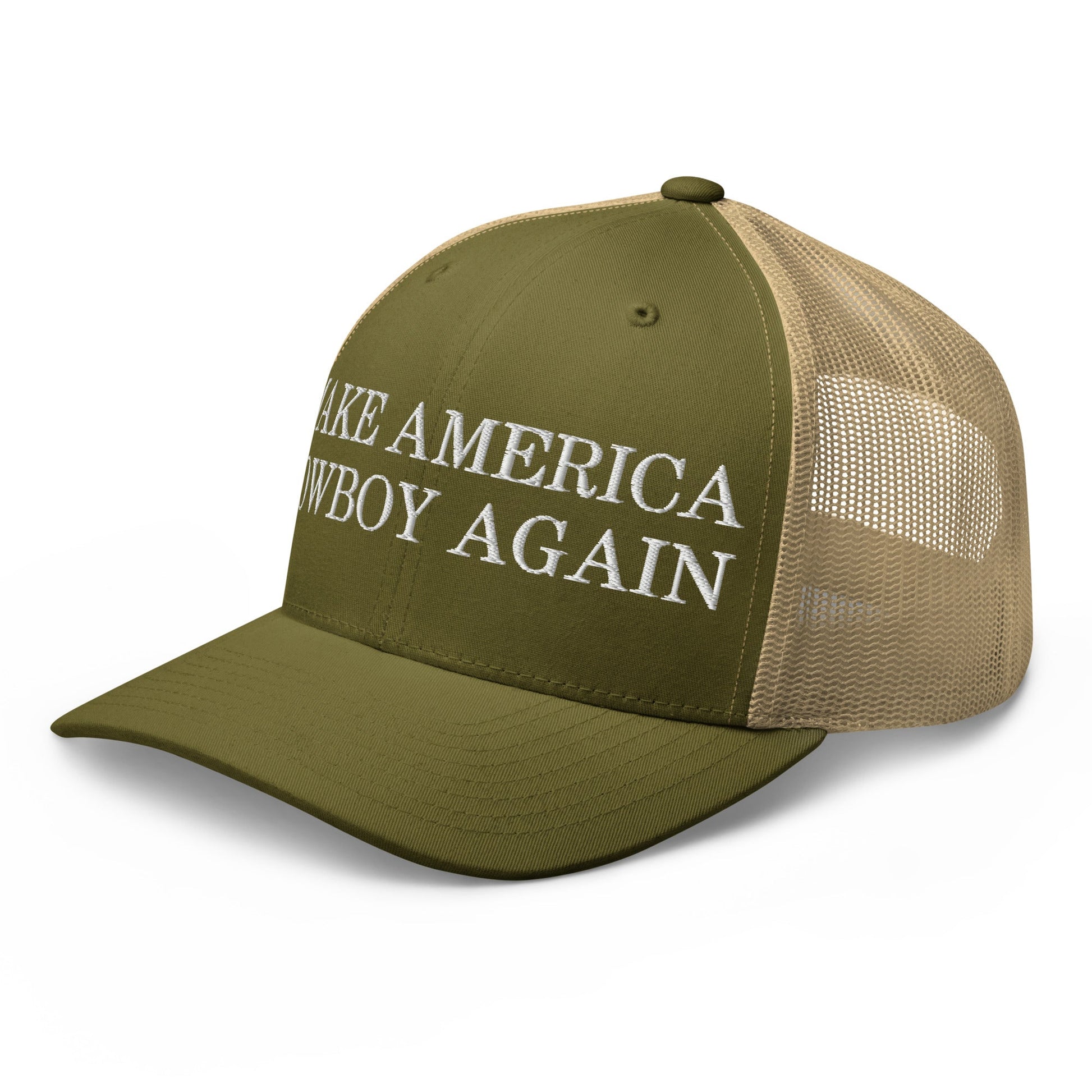 Make America Cowboy Again Retro Trucker Hat Moss Khaki