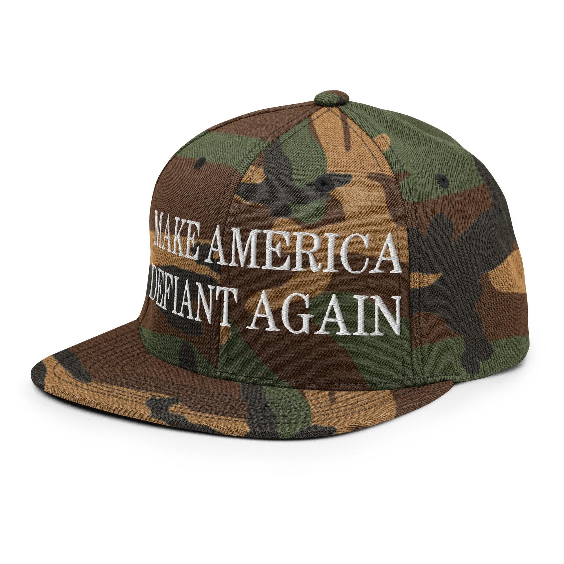 Make America Defiant Again Embroidered Flat Bill Brim Snapback Hat Green Camo