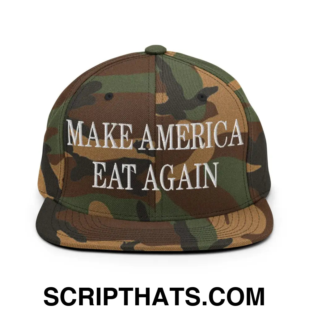 Make America Eat Again Embroidered Flat Bill Brim Snapback Hat Green Camo