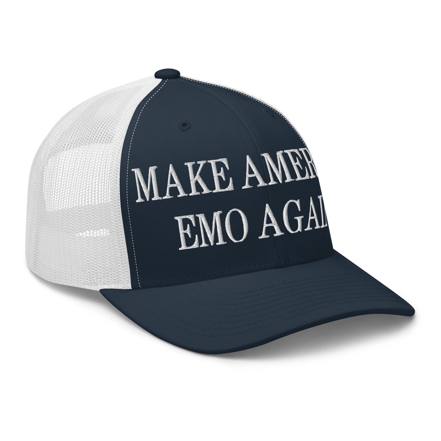 Make America Emo Again Embroidered Mesh Trucker Hat Navy White