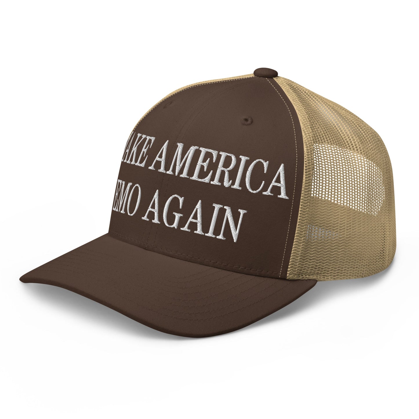 Make America Emo Again Embroidered Mesh Trucker Hat Brown Khaki