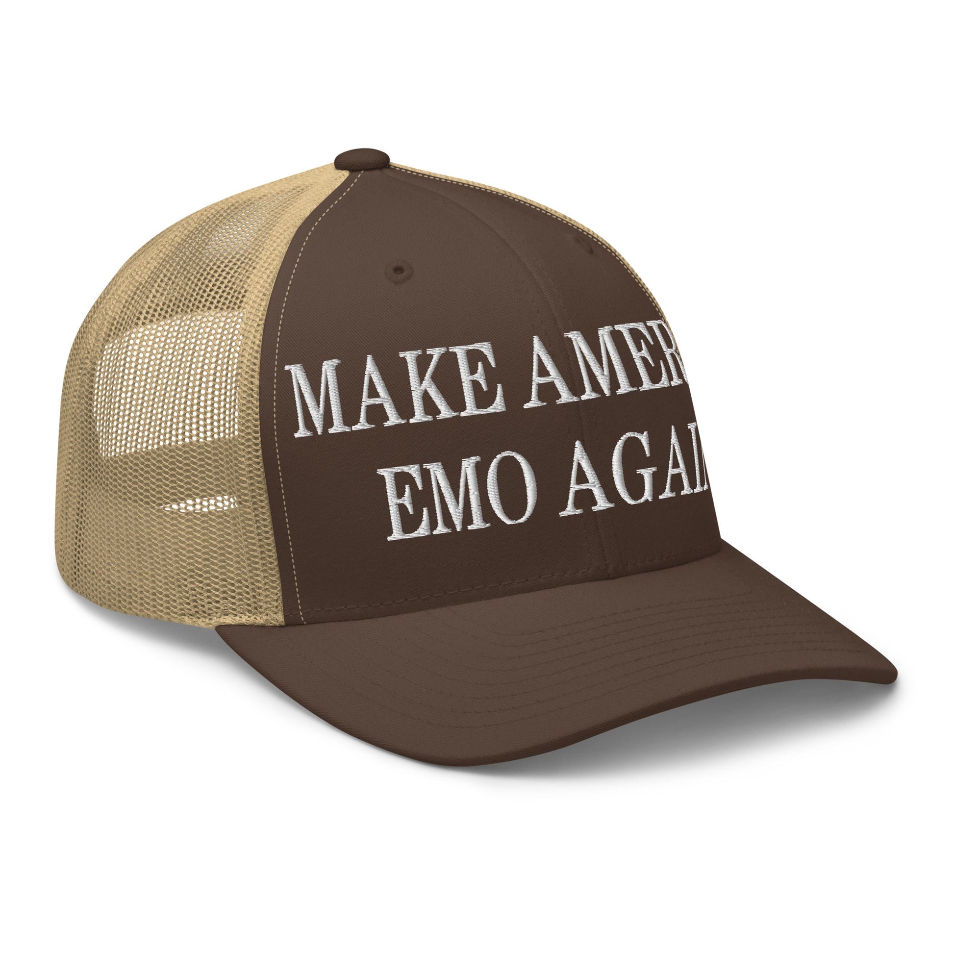 Make America Emo Again Embroidered Mesh Trucker Hat Brown Khaki