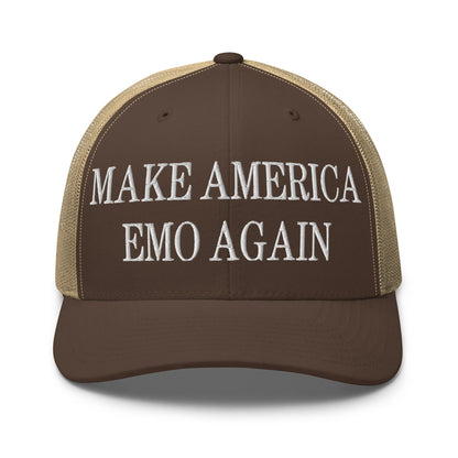 Make America Emo Again Embroidered Mesh Trucker Hat Brown Khaki