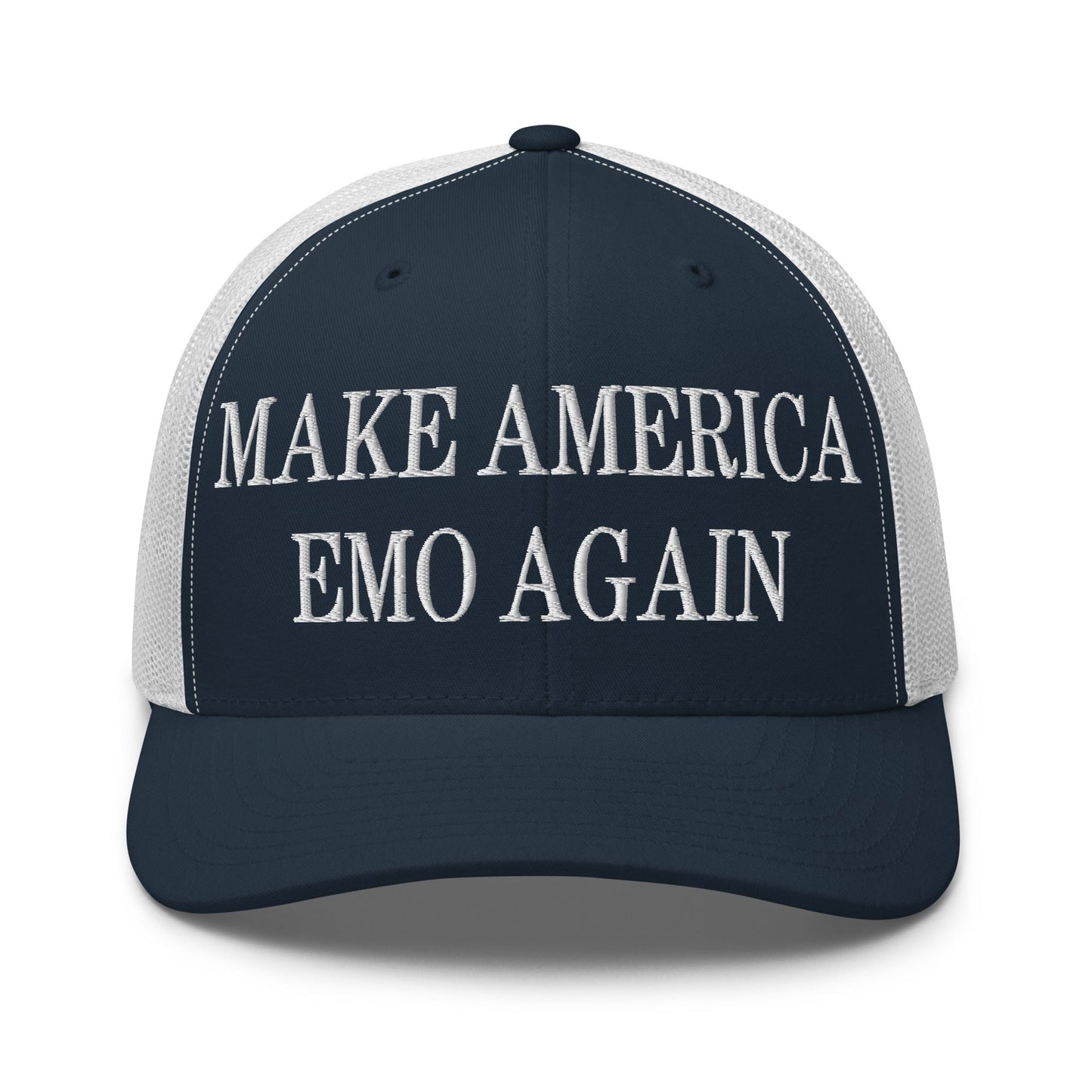 Make America Emo Again Embroidered Mesh Trucker Hat Navy White