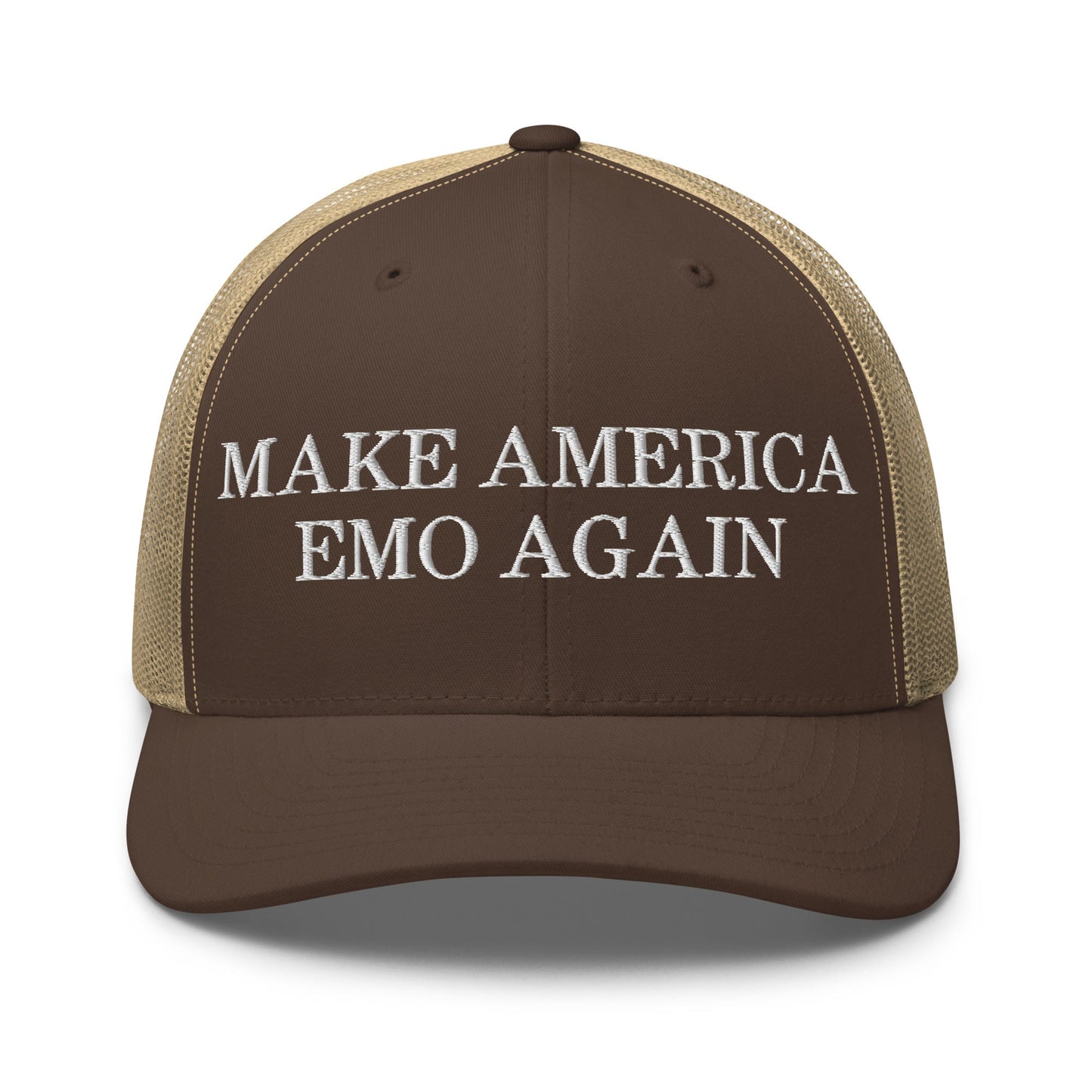 Make America Emo Again Retro Trucker Hat Brown Khaki