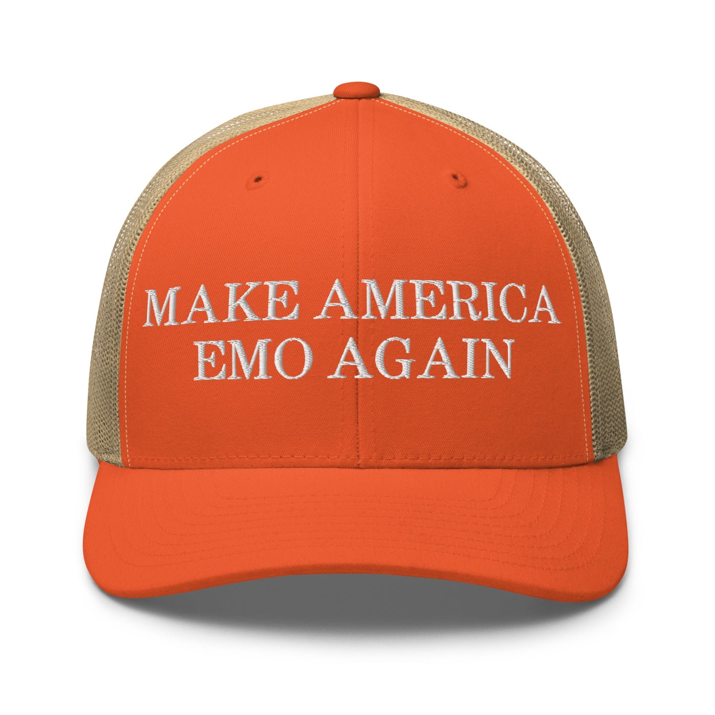 Make America Emo Again Retro Trucker Hat Rustic Orange Khaki