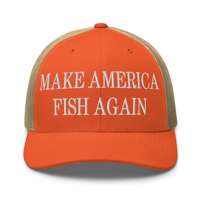 Make America Fish Again Embroidered Mesh Trucker Hat Rustic Orange Khaki