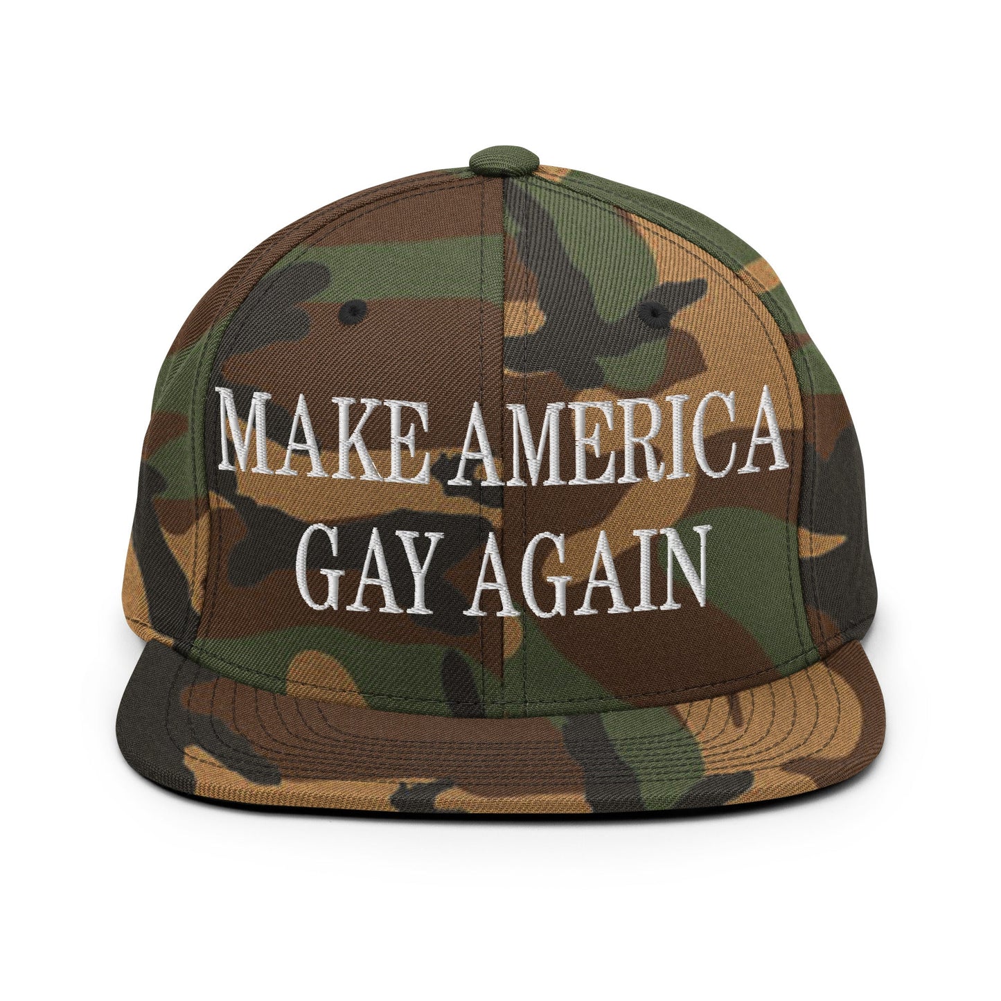 Make America Gay Again Embroidered Flat Bill Brim Snapback Hat Green Camo