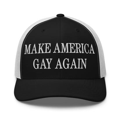 Make America Gay Again Embroidered Mesh Trucker Hat Black White