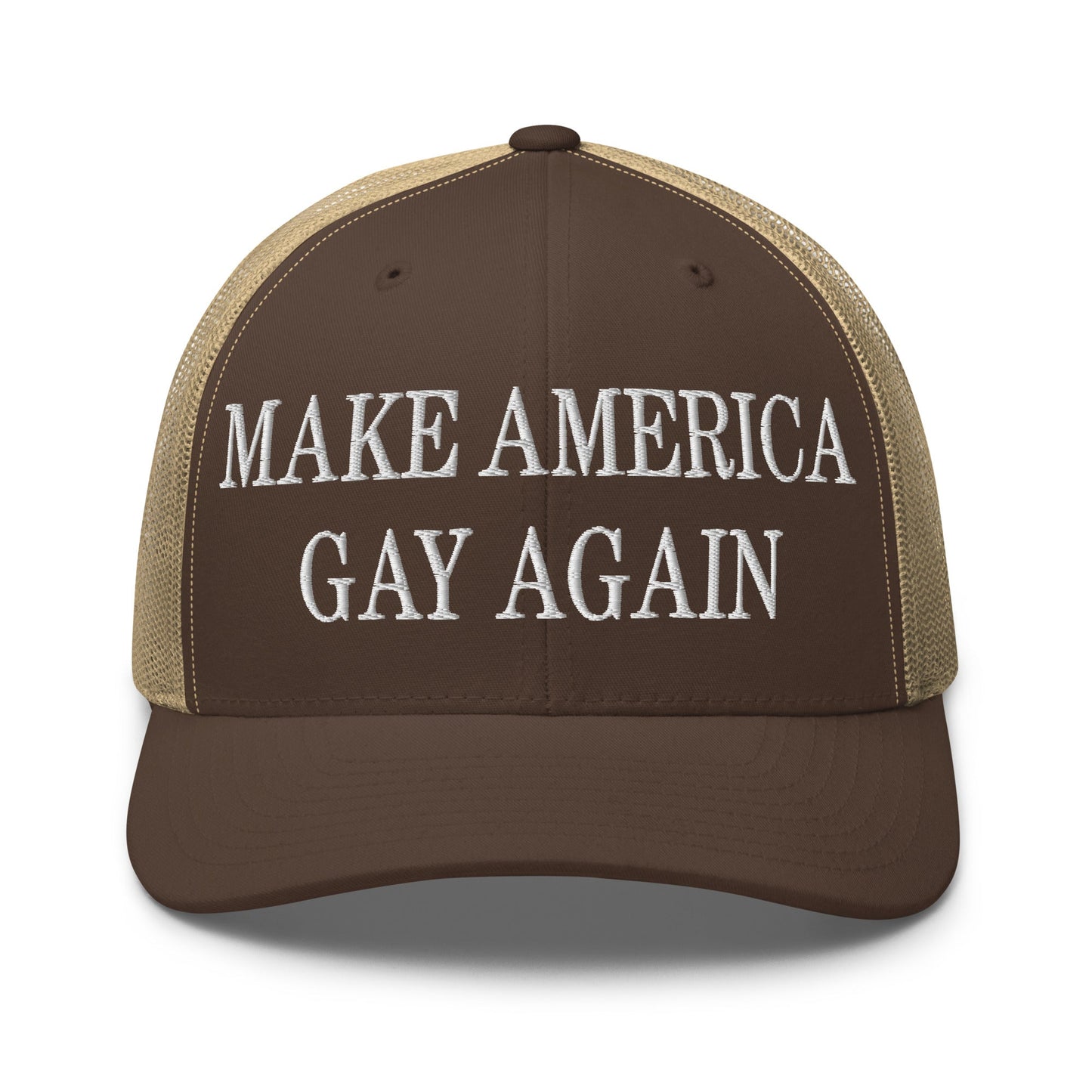 Make America Gay Again Embroidered Mesh Trucker Hat Brown Khaki