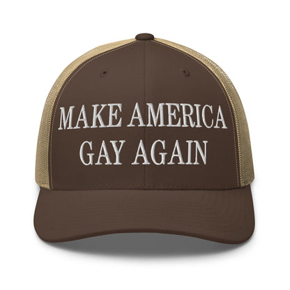 Make America Gay Again Embroidered Mesh Trucker Hat Brown Khaki