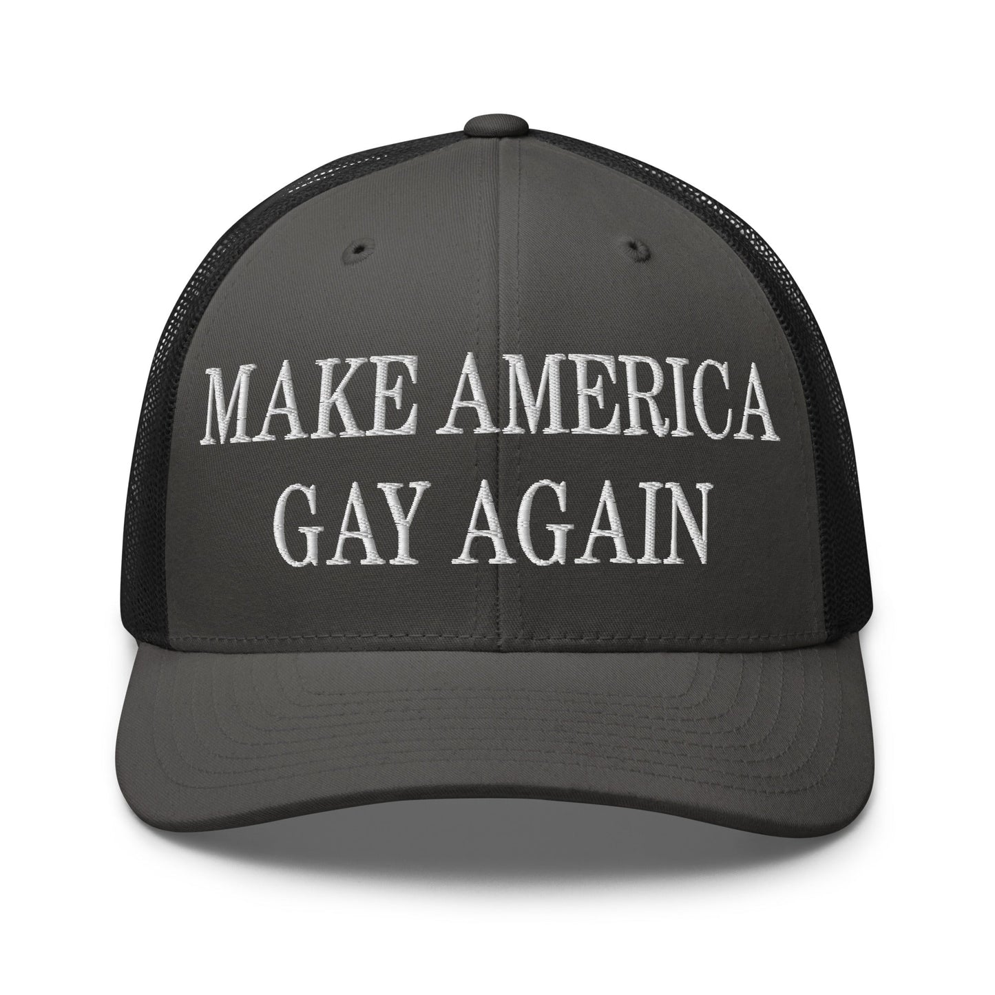 Make America Gay Again Embroidered Mesh Trucker Hat Charcoal Black