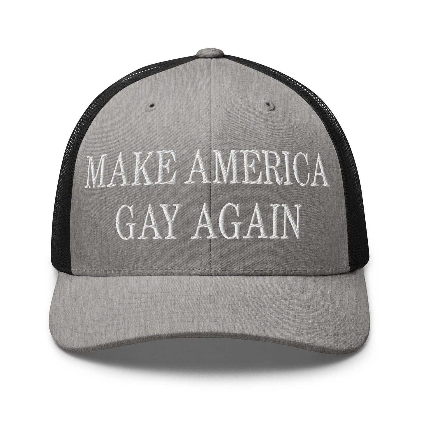 Make America Gay Again Embroidered Mesh Trucker Hat Heather Black