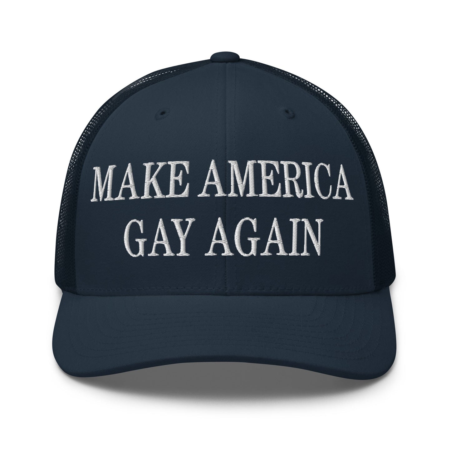 Make America Gay Again Embroidered Mesh Trucker Hat Navy