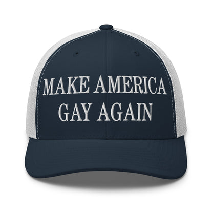 Make America Gay Again Embroidered Mesh Trucker Hat Navy White