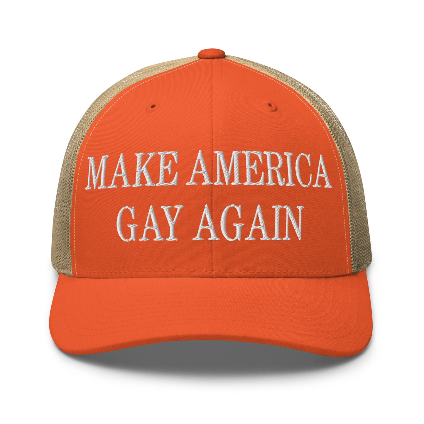 Make America Gay Again Embroidered Mesh Trucker Hat Rustic Orange Khaki