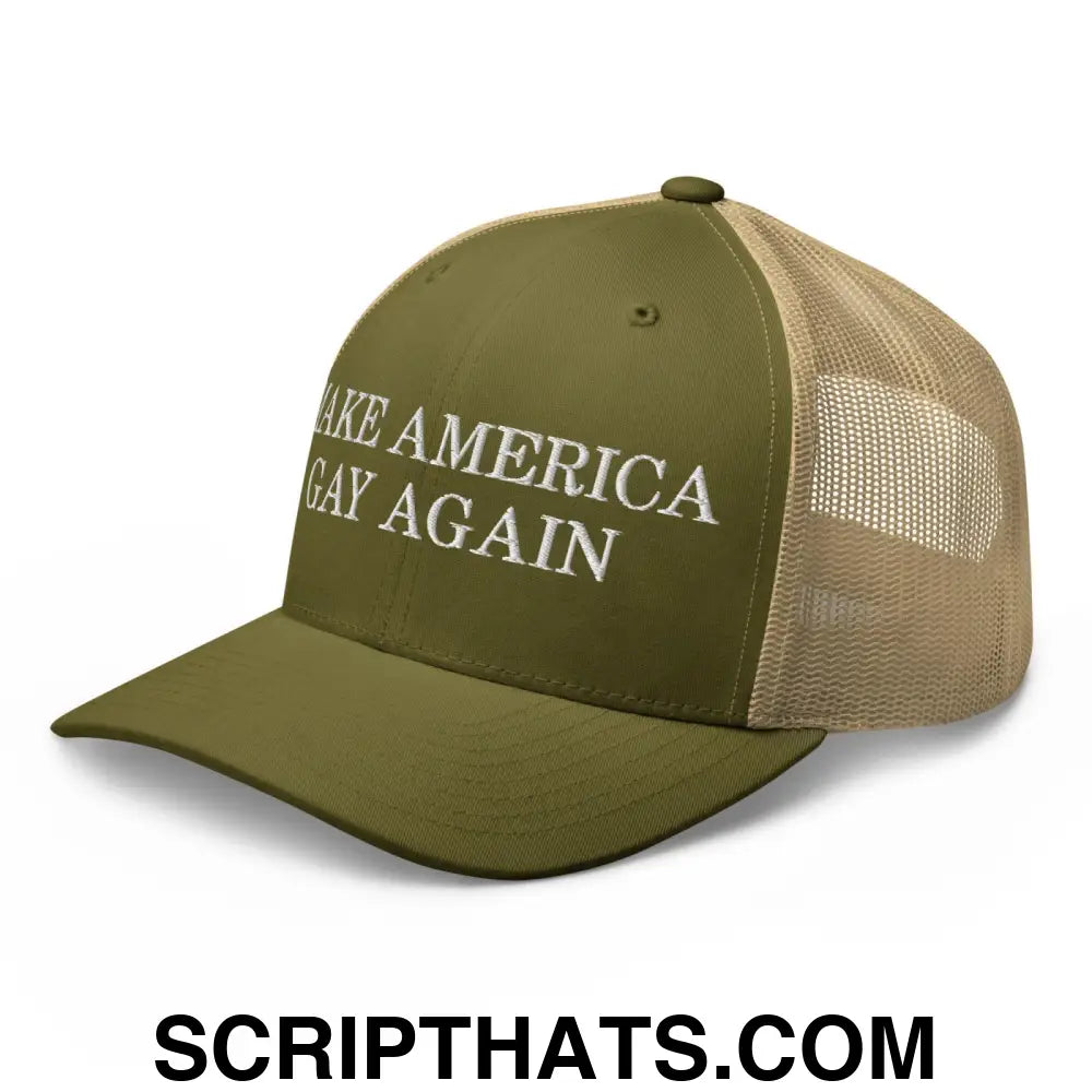 Make America Gay Again Pride MAGA Retro Trucker Hat Moss Khaki