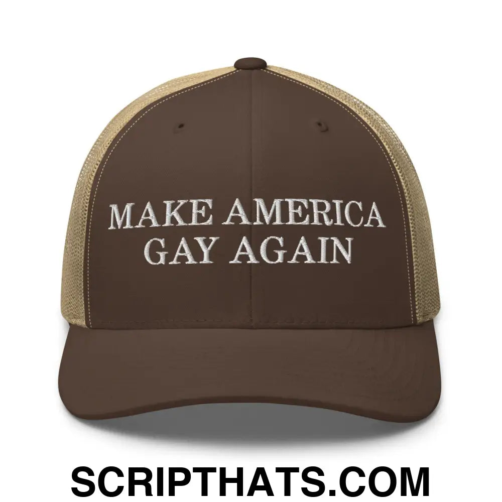 Make America Gay Again Pride MAGA Retro Trucker Hat Brown Khaki