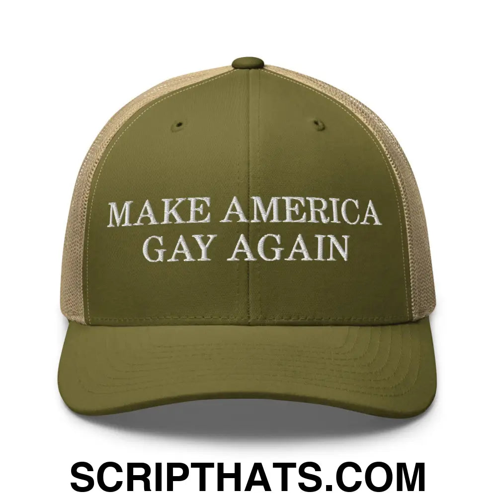 Make America Gay Again Pride MAGA Retro Trucker Hat Moss Khaki