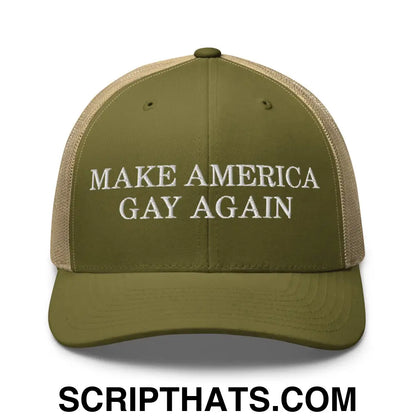 Make America Gay Again Pride MAGA Retro Trucker Hat Moss Khaki