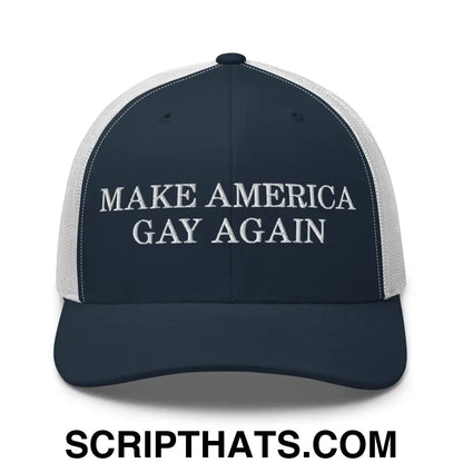 Make America Gay Again Pride MAGA Retro Trucker Hat Navy White