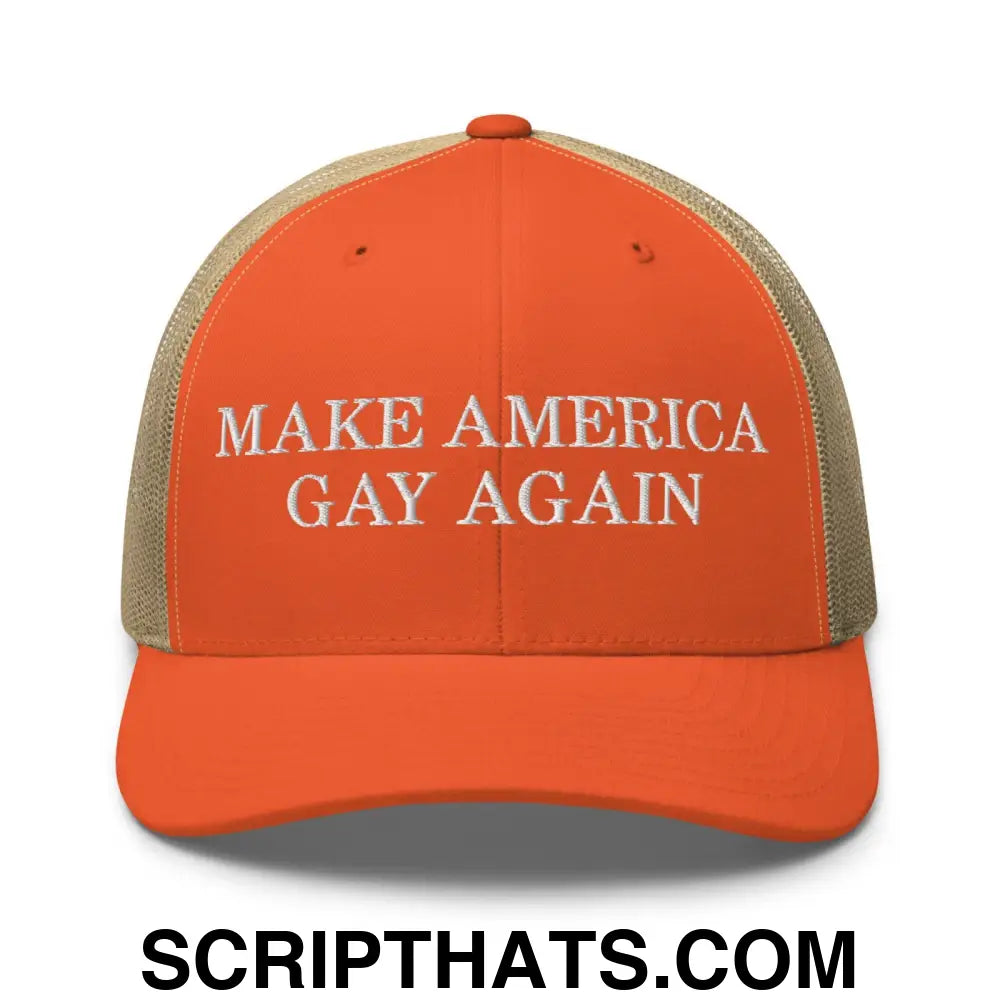 Make America Gay Again Pride MAGA Retro Trucker Hat Rustic Orange Khaki